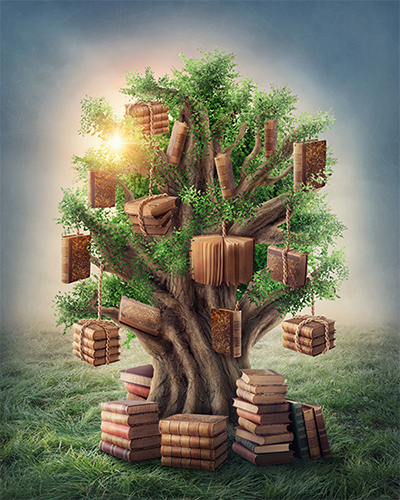 Painting of a tree with books hanging from it.